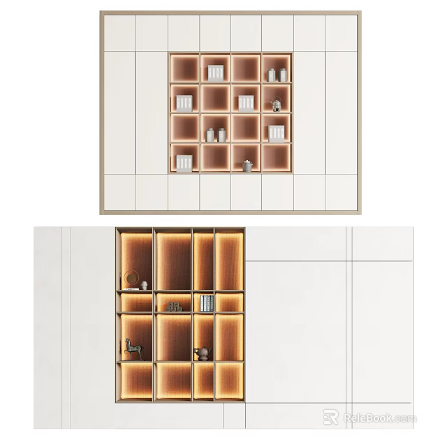 Modern Bookcase Interior Design With Open Shelves Closed Cabinets And Lighting 3d model