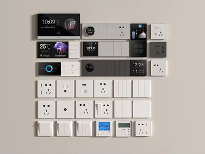 Modern Functional Switch Panels With Digital Displays Temperature Time Indicators White Gray Socket Combinations 3d model