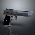 Modern Silver Metallic Pistol 3D Rendered Design With Black Grip And Logo