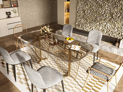 Luxurious Dining Table Set With Glass Top And Gold Frame Matching Patterned Chairs 3d model