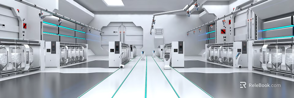 Modern Automated Factory Workshop With White Machines Green Floor Lines And Robotic Arms 3d model 