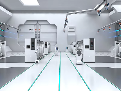 Modern Automated Factory Workshop With White Machines Green Floor Lines And Robotic Arms 3d model