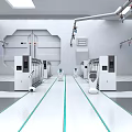 Modern Automated Factory Workshop With White Machines Green Floor Lines And Robotic Arms