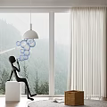 White Curtains by Floor to Ceiling Windows with Mountain View Black Figurine Pendant Lamp