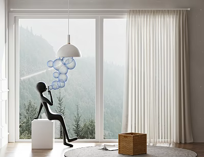 White Curtains by Floor to Ceiling Windows with Mountain View Black Figurine Pendant Lamp 3d model