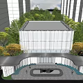 MOSAIC CENTER Main Entrance Gate with Modern White Columns and Outdoor Seating Area Amid Greenery