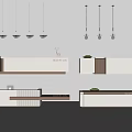 Modern Reception Desk Interior Design With White Brown Finish Pendant Lights And Sign