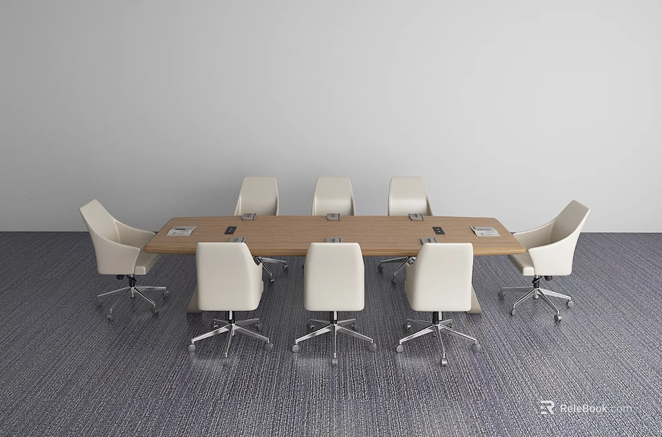 Modern Conference Room With Long Wooden Table White Office Chairs And Carpeted Floor 3d model 