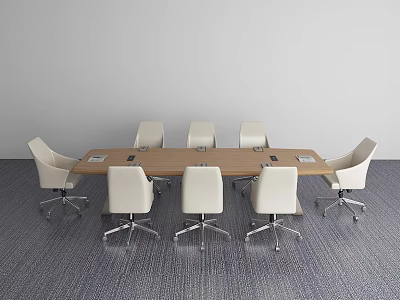 Modern Conference Room With Long Wooden Table White Office Chairs And Carpeted Floor 3d model