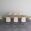 Modern Conference Room With Long Wooden Table White Office Chairs And Carpeted Floor