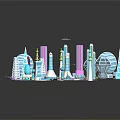 Cartoon Scene Of Colorful Futuristic Cityscape With Various Buildings And Structures