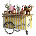 Yellow And White Striped Bar Cart With Umbrella For Cocktail Party Drinks Glasses And Fruits