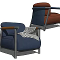 Modern Blue And Brown Single Sofa With Wooden Armrests And Striped Blanket