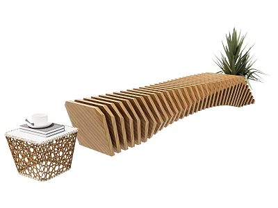 Wooden Landscape Seating With Wavy Design Near Small Table And Potted Plant 3d model