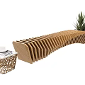 Wooden Landscape Seating With Wavy Design Near Small Table And Potted Plant
