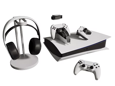 Entertainment Electronics Setup With Headphone Stand Game Console Multiple Controllers And Camera 3d model