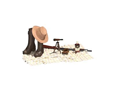 hunting hunting props vintage telescope shotgun hunting gloves wine bottle picnic mat boots cowboy hat 3d model