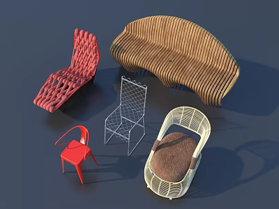 Various Stylish Leisure Chairs With Woven Design Metal Frame And Red Accent Details 3d model