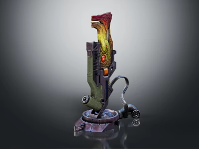Futuristic Mechanical Weapon With Red Green Accents And Detailed Display Stand 3d model
