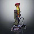 Futuristic Mechanical Weapon With Red Green Accents And Detailed Display Stand