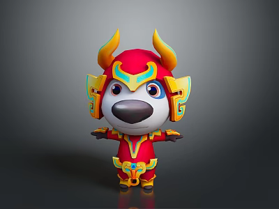 Cute Cartoon Game Movie Character With Red Yellow Decorative Armor And Horns 3d model