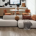 Modern Apartment Interior With Open Living Kitchen White Cabinets Round Table Orange Chairs Pendant Light