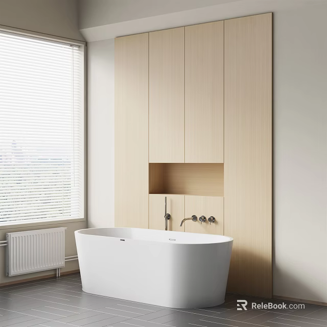 Modern Bathroom Interior With White Freestanding Bathtub Light Wooden Cabinets And Window 3d model 