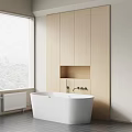 Modern Bathroom Interior With White Freestanding Bathtub Light Wooden Cabinets And Window