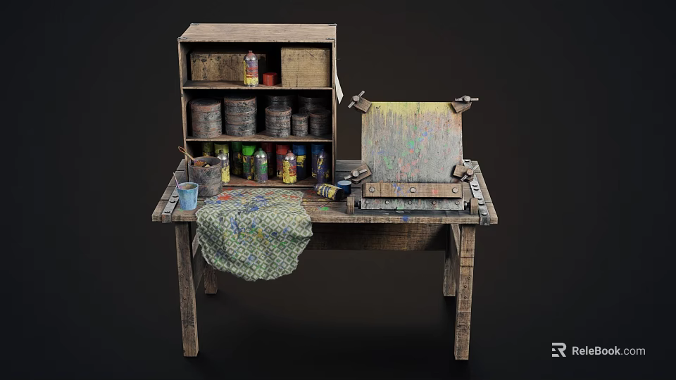 Vintage Functional Table with Paint Cans Cabinet Roller and Cloth Tools 3d model 