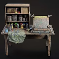 Vintage Functional Table with Paint Cans Cabinet Roller and Cloth Tools 3d model