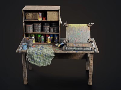 Vintage Functional Table with Paint Cans Cabinet Roller and Cloth Tools 3d model