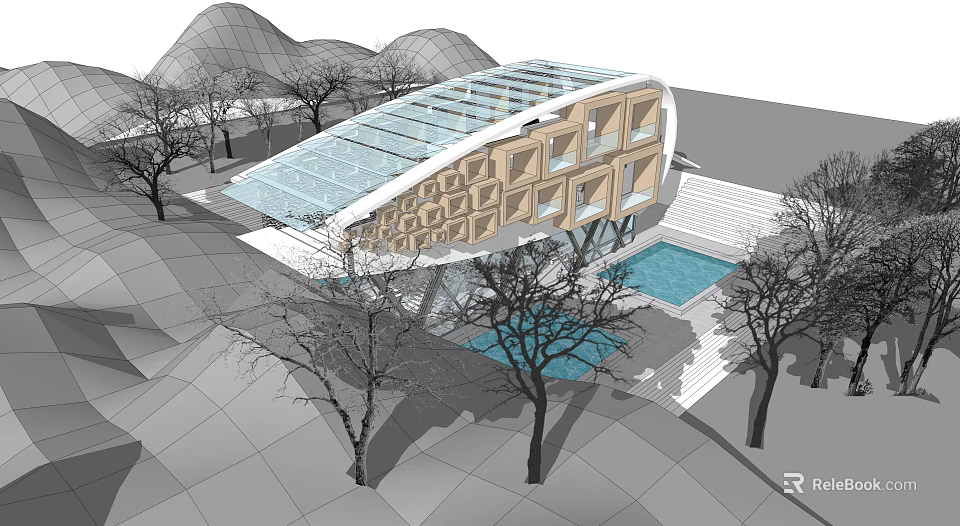 Modern Architectural Design With Glass Roof Geometric Facade Pool And Surrounding Trees 3d model 