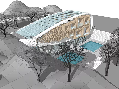 Modern Architectural Design With Glass Roof Geometric Facade Pool And Surrounding Trees 3d model