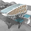 Modern Architectural Design With Glass Roof Geometric Facade Pool And Surrounding Trees
