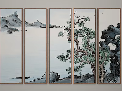 Traditional Landscape Painting On Five Panel Screen With Mountains Water Pine Tree And Rocks 3d model