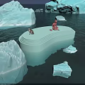 Cartoon Scene of Icy Waters Featuring Icebergs Otter and Red Figure on Floating Platform