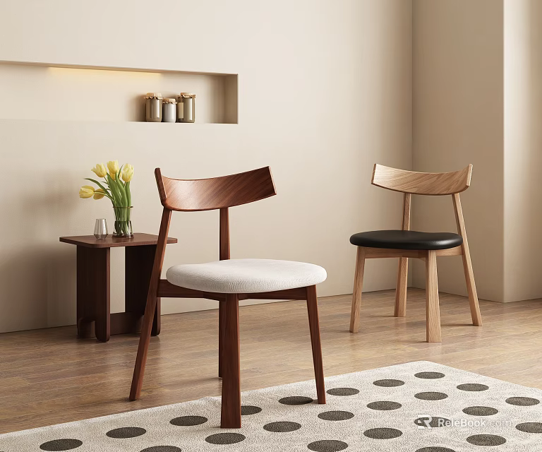 Modern Wooden Dining Chairs With White Black Cushions Side Table Vase Flowers Polka Dot Rug 3d model 