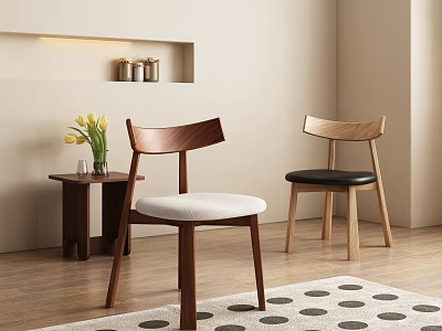 Modern Wooden Dining Chairs With White Black Cushions Side Table Vase Flowers Polka Dot Rug 3d model