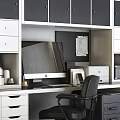 Organized Office Desk With Computer Bookshelves Folders Drawers And Black Chair