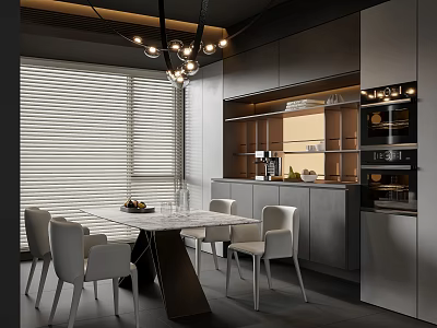 Modern Open Restaurant Kitchen With Dining Table White Chairs Cabinets And Chandelier 3d model