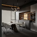 Modern Open Restaurant Kitchen With Dining Table White Chairs Cabinets And Chandelier