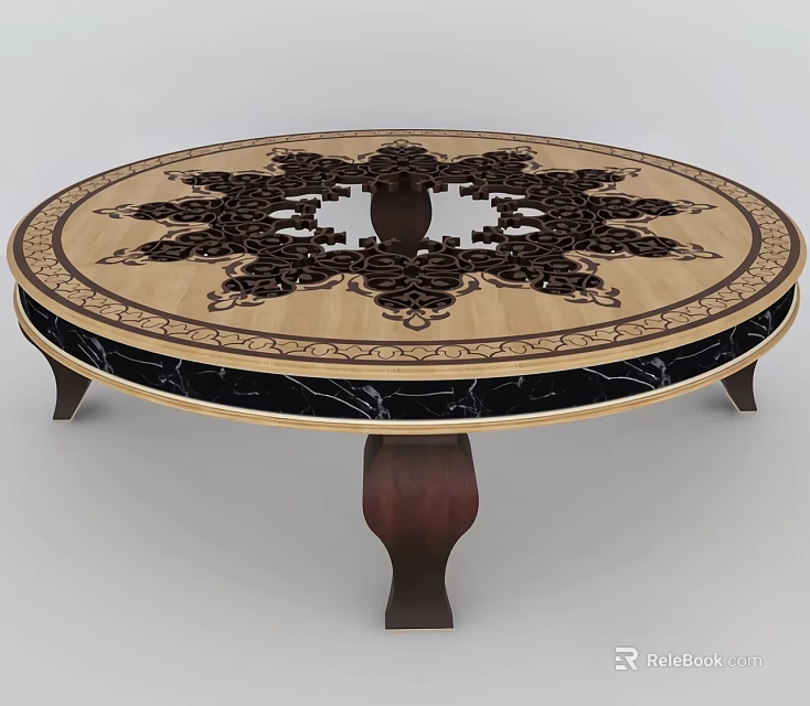 Stylish Round Coffee Table With Intricate Carved Pattern And Wooden Base Marble Edge Design 3d model 