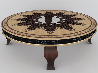 Stylish Round Coffee Table With Intricate Carved Pattern And Wooden Base Marble Edge Design 3d model