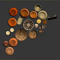 Handcrafted Sculpture Carving Pottery Art With Orange Red Vases Bowls And Decorative Plates
