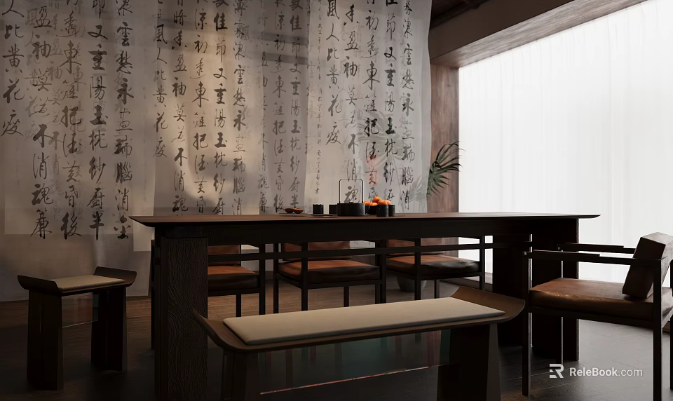 Traditional Chinese Style Tea Room With Calligraphy Wall And Wooden Furniture 3d model 