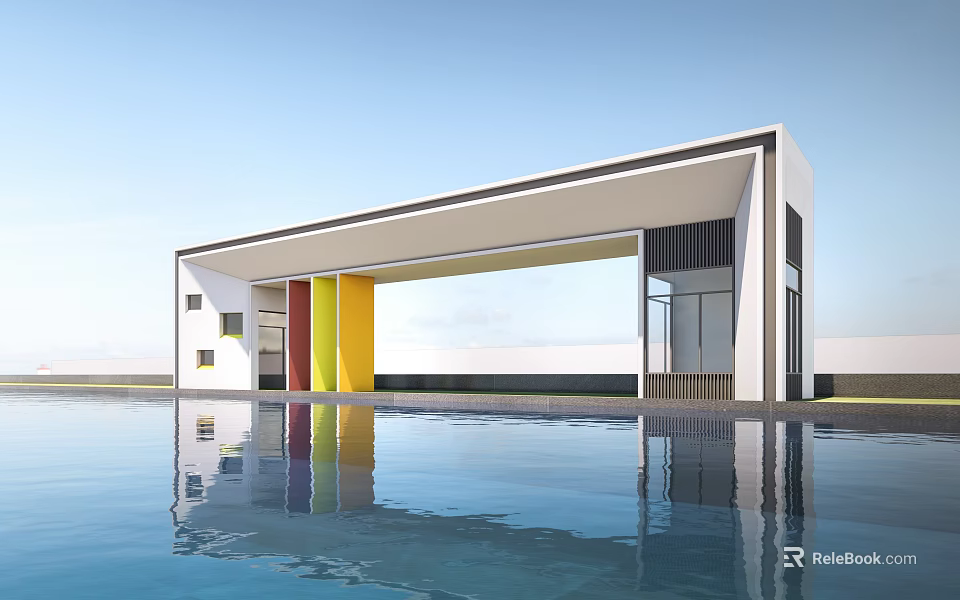 Modern Entrance Gate with White Frame Colorful Columns and Water Pool Reflection 3d model 