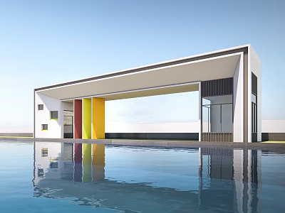 Modern Entrance Gate with White Frame Colorful Columns and Water Pool Reflection 3d model