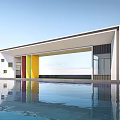 Modern Entrance Gate with White Frame Colorful Columns and Water Pool Reflection