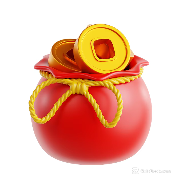 Red Fabric Bag As Daily Necessity With Yellow Rope And Gold Ingots Inside 3d model 