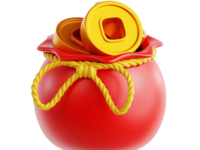 Red Fabric Bag As Daily Necessity With Yellow Rope And Gold Ingots Inside 3d model